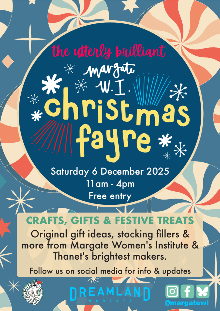 A festive themed poster of the Margate WI Christmas Fayre which includes the date, time, and location. The design is in blues and reds in a 1950s style.
